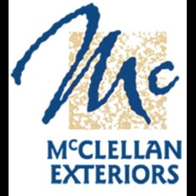 McClellan Exteriors contractor logo with blue and gold design