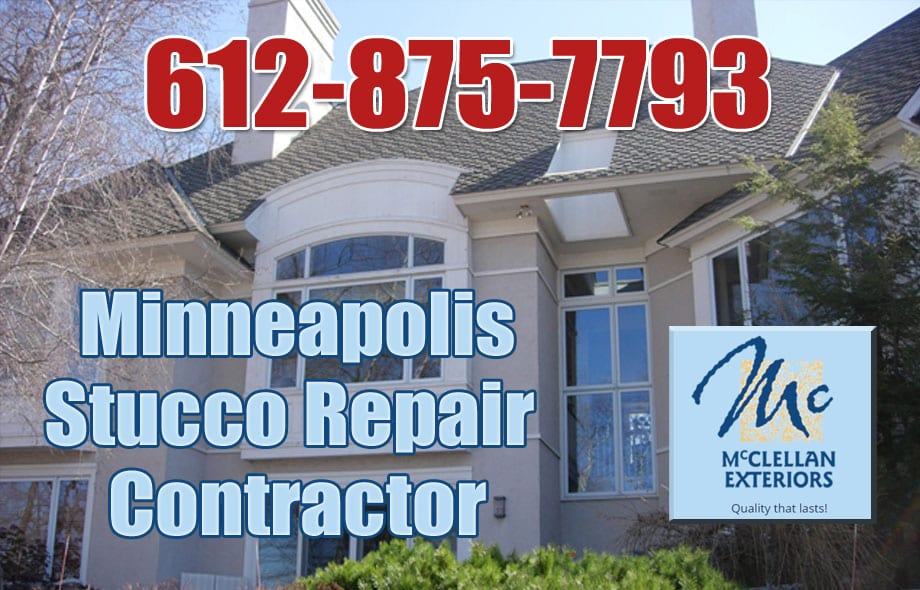 Large stucco home in Minneapolis advertises McClellan Exteriors repair services